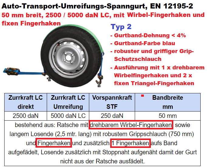 Auto-Verzurrung Spanngurte 50 mm mit drehbarem Haken