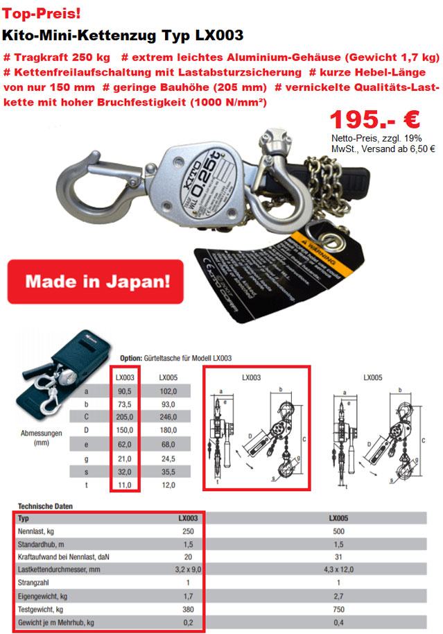Kito-Kettenzug LX003 Tragkraft 250 kg