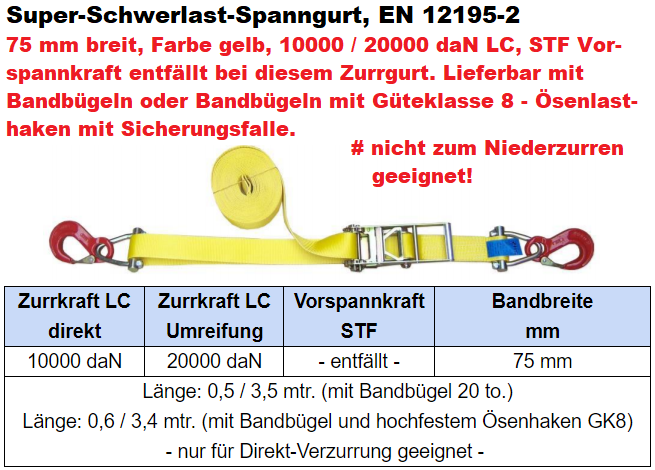 Schwerlast-Spanngurt 75 mm, 5000/10000 daN LC