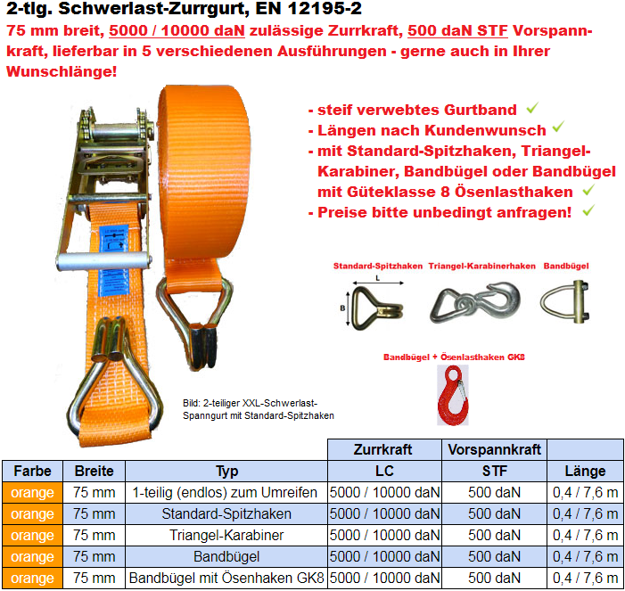 Schwerlast-Spanngurt 75 mm, 5000/10000 daN LC