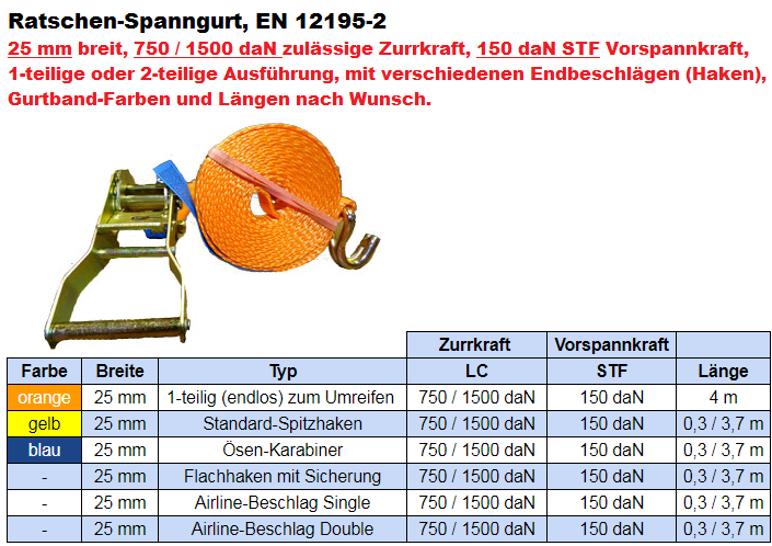 Spanngurt 25 mm mit Ratsche 1500 daN LC