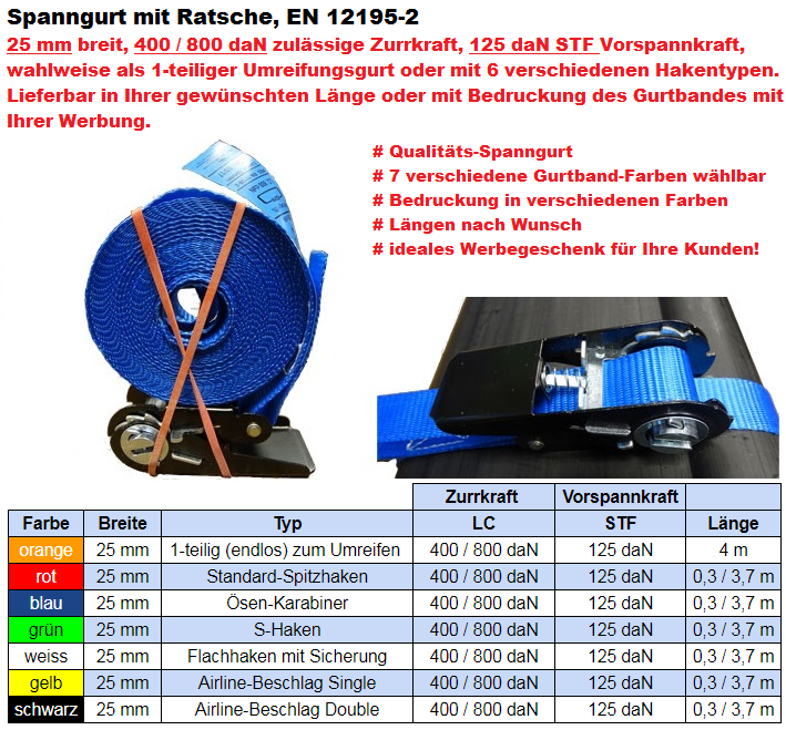 Spanngurt 25 mm mit Ratsche 800 daN LC