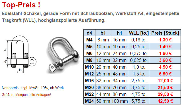 Schäkel 500kg gerade für 20,10 €